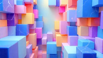 The primary subject of the image is a three-dimensional display of colorful blocks, creating a visually striking and vibrant scene. The setting is a white wall, which serves as a clean and uncluttered backdrop for the blocks. The visual style of the image is a combination of digital art and illustration, with the blocks appearing to be both realistic and artistic. The dominant colors in the image are pink, blue, and orange, creating a lively and energetic atmosphere.