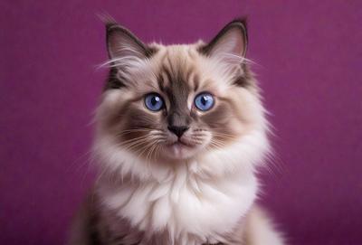 The primary subject of the image is a Siamese cat with blue eyes. The cat is sitting on a purple background, which adds a vibrant and contrasting color to the scene. The visual style of the image is a close-up of the cat, showcasing its features and expression. The colors and mood of the image are predominantly purple, creating a calm and serene atmosphere.