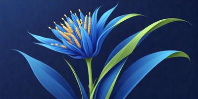 The primary subject of the image is a blue flower with yellow pollen. The setting is a dark blue background, which contrasts with the vibrant colors of the flower. The visual style is a digital art or illustration, as the flower is depicted in a detailed and realistic manner. The dominant colors are blue and yellow, creating a sense of freshness and natural beauty.