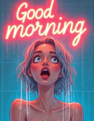 The primary subject of the image is a woman with blonde hair, who is shown with her mouth open. She is the main focus of the image. The setting is a bathroom, with a shower visible in the background. The visual style is a digital art or illustration, with the woman's mouth being the most prominent feature. The colors and mood of the image are predominantly blue, creating a calm and serene atmosphere.