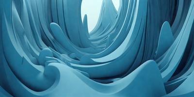 The primary subject of the image is a blue, curved, and wavy surface that resembles a wave or a tunnel. The setting is a blue background, and the visual style appears to be a digital art or illustration. The colors and mood of the image are predominantly blue, creating a calm and serene atmosphere.