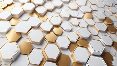 The primary subject of the image is a pattern of hexagonal shapes, which are arranged in a honeycomb-like formation. The setting is a white wall, and the visual style appears to be a combination of digital art and illustration. The dominant colors in the image are gold and white, creating a warm and clean atmosphere.
