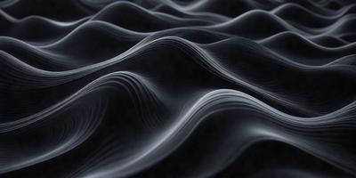 The primary subject of the image is a series of black and white waves, which are the main objects in the scene. The setting is a dark background, creating a moody atmosphere. The visual style is a combination of a photo and digital art, as the waves are depicted in a patterned manner. The dominant colors are black and white, with the waves being the main focus of the image.