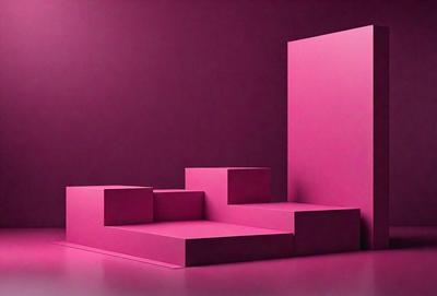 The primary subject of the image is a pink wall with a large square cut out of it. The setting is a room with a purple background. The visual style is a photo, and the colors and mood are predominantly pink, creating a warm and inviting atmosphere.