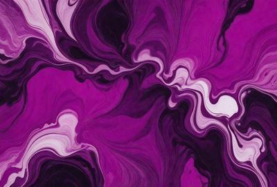 The primary subject of the image is a purple painting with a swirling, abstract design. The setting is a wall, and the visual style appears to be a digital art or illustration. The dominant colors in the painting are purple and black, creating a moody and dramatic atmosphere.