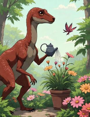 The primary subject of the image is a cartoon dinosaur holding a teapot. The setting is a lush, colorful garden with a variety of flowers, including pink and yellow ones. The visual style is a cartoon illustration, giving the scene a whimsical and playful atmosphere. The dominant colors are pink, yellow, and green, creating a vibrant and cheerful mood.