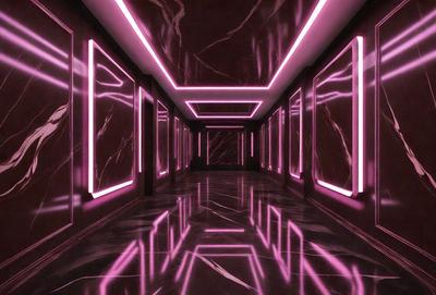 The primary subject of the image is a long hallway with a pink lighting effect. The setting is a marble-lined hallway, and the visual style appears to be a combination of a photo and digital art. The colors and mood of the image are predominantly pink, creating a warm and inviting atmosphere.