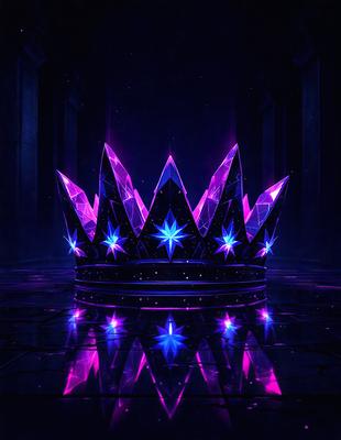 The primary subject of the image is a purple crown, which is the main object, scene, or focus of the image. The setting/background features a dark, purple-lit room, creating a moody atmosphere. The visual style of the image is digital art, as it is a computer-generated illustration. The dominant colors in the image are purple and blue, giving the scene a royal and regal appearance.