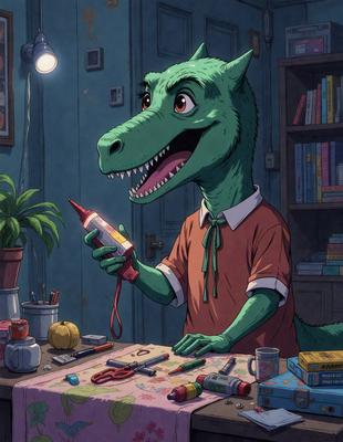 The primary subject of the image is a cartoon dinosaur, specifically a green alligator, who is holding a paintbrush and painting a picture. The setting is a room with a dining table, where the dinosaur is standing. The visual style is a cartoon or animated illustration, giving the image a playful and creative atmosphere. The colors are predominantly green, which is the color of the dinosaur, and the mood is light-hearted and fun.