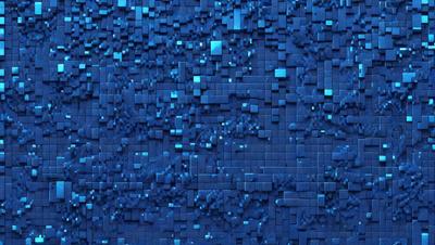 The primary subject of the image is a blue, pixelated wall. The setting is a blue background, and the visual style is a digital art or illustration. The dominant colors are blue and purple, creating a calm and serene atmosphere.