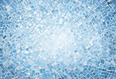 The primary subject of the image is a blue and white mosaic tile. The setting is a blue and white tile wall, which serves as the background. The visual style is a close-up of the tile, showcasing its intricate design. The colors and mood of the image are predominantly blue and white, creating a clean and elegant atmosphere.