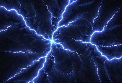 The primary subject of the image is a blue lightning bolt, which is the main object, scene, or focus of the image. The setting/background features a dark, blue-black sky, which creates a dramatic and moody atmosphere. The visual style of the image is a digital art or illustration, as it captures the lightning bolt in a detailed and artistic manner. The colors and mood of the image are predominantly dark and dramatic, with the blue lightning bolt standing out against the