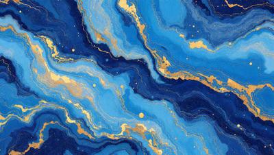 The primary subject of the image is a blue and gold painting featuring a swirling design. The setting is a blue background, and the visual style appears to be a digital art or illustration. The dominant colors are blue and gold, creating a sense of depth and richness in the painting.