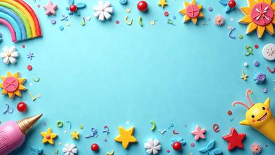 The primary subject of the image is a blue background with a variety of colorful and decorative candy shapes, including stars, flowers, and other shapes. The setting is a blue surface, and the visual style appears to be a combination of digital art and illustration. The colors and mood of the image are vibrant and cheerful, with the candy shapes adding a playful and fun atmosphere to the scene.