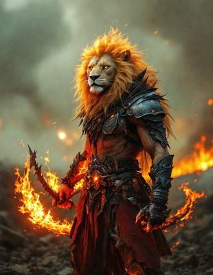 Primary subject: A lion with a sword in its mouth.

Setting/background: A dark, smoky, and fiery environment.

Visual style: Digital art.

Colors and mood: The lion is orange and red, with a fiery and intense atmosphere.