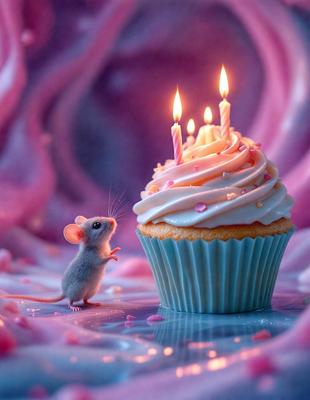 The primary subject of the image is a small mouse standing next to a large pink birthday cake. The mouse appears to be looking at the cake, possibly admiring it. The setting is a pink background, which adds to the overall atmosphere of the scene. The visual style of the image is a combination of photo and digital art, creating a unique and eye-catching representation of the mouse and the cake.