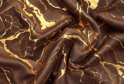 The primary subject of the image is a brown and gold fabric, which appears to be a piece of marbled leather. The setting is a close-up view of the fabric, showcasing its intricate patterns and textures. The visual style is a detailed, up-close representation of the fabric, emphasizing its unique and luxurious appearance. The colors and mood of the image are warm and rich, evoking a sense of sophistication and elegance.