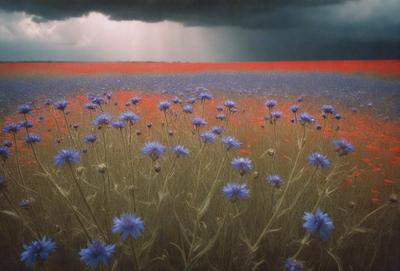 The primary subject of the image is a field of purple flowers, with a blue sky in the background. The setting appears to be a natural environment, possibly a meadow or a field. The visual style of the image is a photo, capturing the beauty of the flowers and the sky. The dominant colors in the image are purple and blue, creating a serene and calming atmosphere.