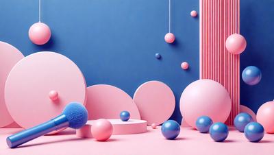 The primary subject of the image is a pink and blue color scheme, with a focus on a pink table and a blue microphone. The setting is a room with a blue wall, and the visual style appears to be a combination of photo and digital art. The colors and mood of the image are vibrant and lively, creating a cheerful atmosphere.