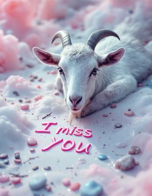 The primary subject of the image is a goat lying on a pink surface, which appears to be a cake or a frosty surface. The goat is looking at the camera, and the scene is set in a pink and white environment. The visual style of the image is a combination of photo and digital art, creating a unique and eye-catching composition. The colors and mood of the image are predominantly pink and white, giving it a playful and whimsical atmosphere.
