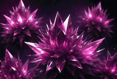 The primary subject of the image is a large, purple crystal flower. The setting is a dark, purple background, which contrasts with the bright, pink crystal flower. The visual style is a digital art or illustration, creating a unique and eye-catching design. The dominant colors are purple and pink, giving the image a vibrant and lively atmosphere.