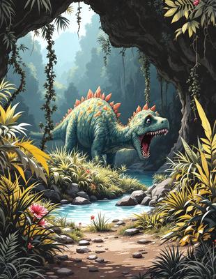 The primary subject of the image is a large, colorful, and ferocious dinosaur, likely a T-Rex, standing in a lush, green forest. The setting is a dense, tropical jungle with a river flowing through it. The visual style of the image is a combination of digital art and illustration, creating a vibrant and detailed scene. The colors and mood of the image are lively and energetic, with the dinosaur and its surroundings exuding a