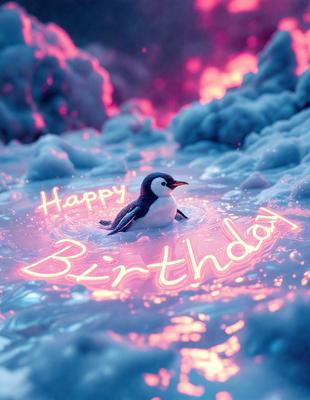 The image features a penguin sitting on a snowy surface, likely on a birthday cake. The penguin is the primary subject, and the scene is set in a wintery environment. The visual style appears to be a combination of photo and digital art, creating a unique and festive atmosphere. The dominant colors are pink and white, which are associated with birthdays and celebrations.