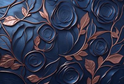 The primary subject of the image is a blue background with a pattern of roses. The roses are made of metal and are arranged in various shapes and sizes. The setting is a blue wall, and the visual style is a combination of digital art and illustration. The dominant colors are blue and gold, creating a calm and elegant atmosphere.
