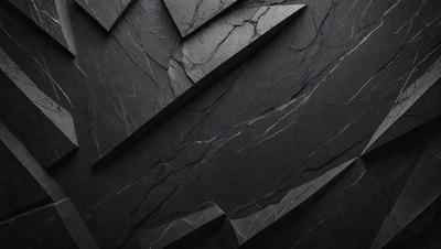 The primary subject of the image is a black marble wall with a pattern of white and black shapes. The setting is a dark room, and the visual style is a black and white photo. The dominant colors are black and white, creating a moody and dramatic atmosphere.