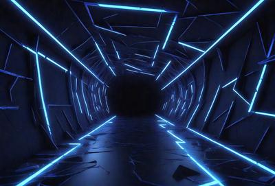The primary subject of the image is a tunnel with a blue lighting effect. The setting is a dark tunnel with a blue glow, creating a unique atmosphere. The visual style is a combination of a photo and digital art, as the tunnel appears to be a part of a futuristic cityscape. The colors and mood are predominantly blue, giving the scene a sense of depth and mystery.