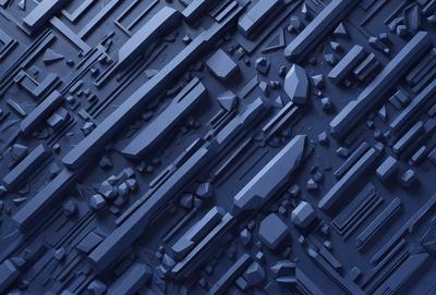 The primary subject of the image is a blue, geometric pattern with various shapes and angles. The setting is a blue background, which complements the pattern. The visual style is a combination of digital art and illustration, creating a unique and intricate design. The dominant colors are blue and black, giving the pattern a modern and sophisticated appearance.