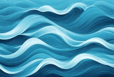 The primary subject of the image is a large body of blue water with white waves. The setting is a vast ocean, and the visual style is a digital art or illustration. The dominant colors are blue and white, creating a serene and calming atmosphere.