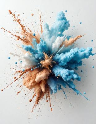 The primary subject of the image is a close-up of a blue and orange splash of paint, which appears to be a digital art or illustration. The setting is a white wall, and the visual style is a mix of colors and textures. The dominant colors are blue and orange, creating a vibrant and energetic atmosphere.