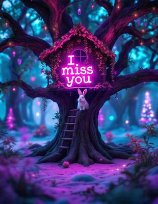 The primary subject of the image is a bunny sitting in a tree. The setting is a forest with a purple glow, creating a whimsical and magical atmosphere. The visual style is a digital art or illustration, with the bunny and the tree being the main focus of the scene. The colors and mood are predominantly purple, giving the image a dreamy and enchanting quality.