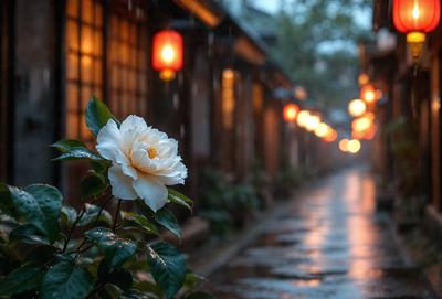 Primary subject: A white flower with yellow center.

Setting/background: A narrow alleyway with a brick wall and a building with a red roof.

Visual style: A photo of a flower in a brick alley.

Colors and mood: The dominant colors are white and red, with a slightly moody atmosphere due to the alleyway and the building's roof.