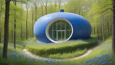 The primary subject of the image is a blue dome-shaped building with a green roof, surrounded by a lush green field. The setting is a forest, with trees visible in the background. The visual style of the image is a digital art, creating a unique and artistic representation of the building. The colors and mood of the image are predominantly blue and green, giving it a serene and peaceful atmosphere.
