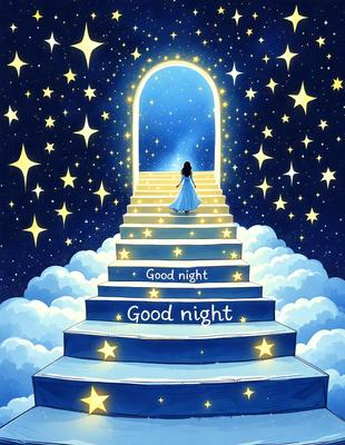 The primary subject of the image is a girl standing on a staircase, which is part of a celestial scene. The setting is a night sky with stars, and the visual style is a digital art or illustration. The colors and mood of the image are predominantly blue and serene, creating a sense of tranquility and wonder.