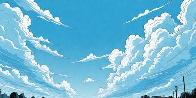 The primary subject of the image is a cloudy blue sky with a few clouds scattered throughout. The setting is a vast open space, possibly a beach or a field, with a few trees in the background. The visual style is a combination of digital art and illustration, creating a vibrant and dynamic atmosphere. The colors are predominantly blue and white, with the clouds adding a touch of gray and white. The overall mood of the image is serene and peaceful, with the sky and clouds providing a sense of tranqu