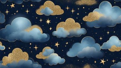 The primary subject of the image is a night sky filled with clouds and stars. The setting is a dark, starry night with a few clouds scattered throughout the sky. The visual style is a combination of digital art and illustration, creating a beautiful and detailed representation of the night sky. The colors and mood are predominantly dark and serene, with the stars and clouds adding a touch of warmth and beauty to the scene.