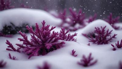 The primary subject of the image is a purple plant with snow-covered branches. The plant is surrounded by a snowy environment, creating a wintry atmosphere. The visual style of the image is a photo, capturing the beauty of the purple plant in the snow. The dominant colors in the image are purple and white, with the purple plant standing out against the white snow.