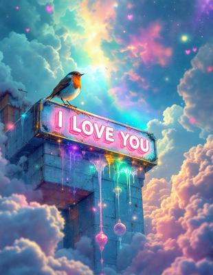 The primary subject of the image is a bird perched on a sign that reads "I Love You." The setting is a cloudy sky, and the visual style appears to be a digital art or illustration. The colors and mood of the image are predominantly pink and warm, creating a sense of love and affection.
