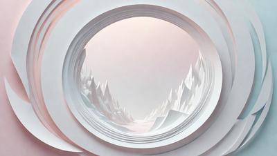 The primary subject of the image is a large, white, circular structure with a hole in the center. The setting is a white, circular surface, which could be a wall or a piece of art. The visual style appears to be a combination of digital art and illustration, creating a unique and intriguing scene. The colors and mood of the image are predominantly white, giving it a clean and minimalist appearance.