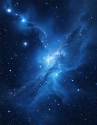 The primary subject of the image is a blue nebula, which is a cloud of gas and dust in space. The setting is a dark, star-filled sky, with the nebula being the main focus of the image. The visual style is a combination of a photo and digital art, creating a unique and captivating representation of the celestial object. The colors and mood of the image are predominantly blue, with a sense of wonder and awe, as the viewer gazes upon the vastness of