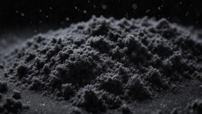 The primary subject of the image is a pile of black powder, which appears to be a fine, granular substance. The setting is a dark room, and the visual style is a close-up of the powder. The colors and mood of the image are predominantly dark and moody, with the black powder being the main focus.
