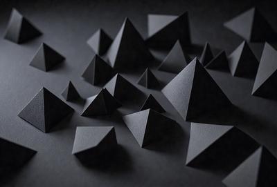 The primary subject of the image is a collection of black triangles, which are arranged in various orientations and sizes. The setting is a dark background, which contrasts with the black triangles, creating a striking visual effect. The visual style is a combination of digital art and illustration, as the triangles are carefully crafted and placed to create a cohesive pattern. The colors and mood of the image are predominantly dark and moody, with the black triangles serving as the focal point and the overall atmosphere being