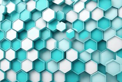 The primary subject of the image is a blue and white honeycomb pattern. The setting is a white background, which provides a clean and minimalist appearance. The visual style is a combination of digital art and illustration, creating a unique and eye-catching design. The dominant colors are blue and white, giving the image a calm and soothing atmosphere.