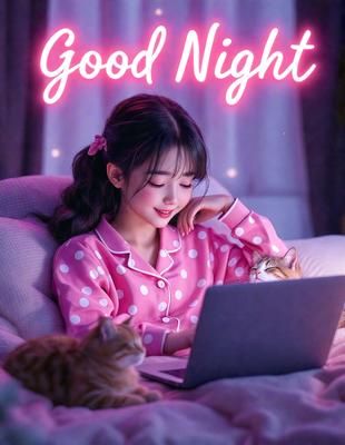 Good Night: A woman in a pink polka dot shirt is sitting on a bed, using a laptop. She is smiling and appears to be enjoying her time. There are two cats in the scene, one on the left side of the bed and the other on the right side. The woman is holding the laptop, and the cats are sitting nearby, creating a cozy and relaxed atmosphere.