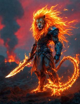 Primary subject: A lion with a sword in its mouth.

Setting/background: A dark, fiery background.

Visual style: Digital art.

Colors and mood: The lion is orange and red, with a fiery and intense atmosphere.