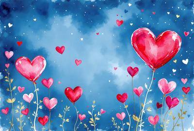 The primary subject of the image is a heart-shaped balloon, which is floating in the sky. The setting is a blue cloudy sky, and the visual style is a painting or digital art. The colors and mood of the image are predominantly pink, creating a warm and romantic atmosphere.