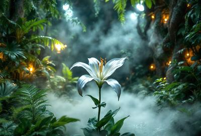 The primary subject of the image is a white flower, possibly a lily, growing in a forest. The setting is a lush green forest with trees and plants surrounding the flower. The visual style is a photo, capturing the beauty of the flower in its natural environment. The colors and mood of the image are dominated by the greenery of the forest and the white color of the flower, creating a serene and peaceful atmosphere.